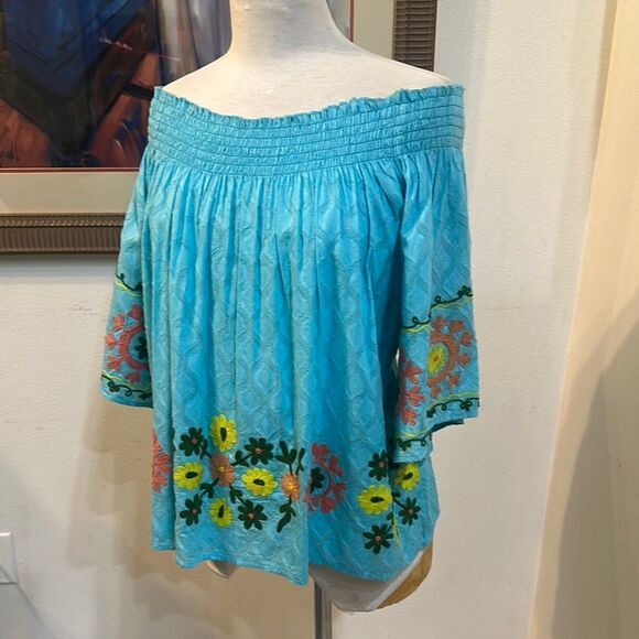MODAPOSA Floral Embroidered Off-Shoulder Top - Blue Size Small - Picture 3 of 14